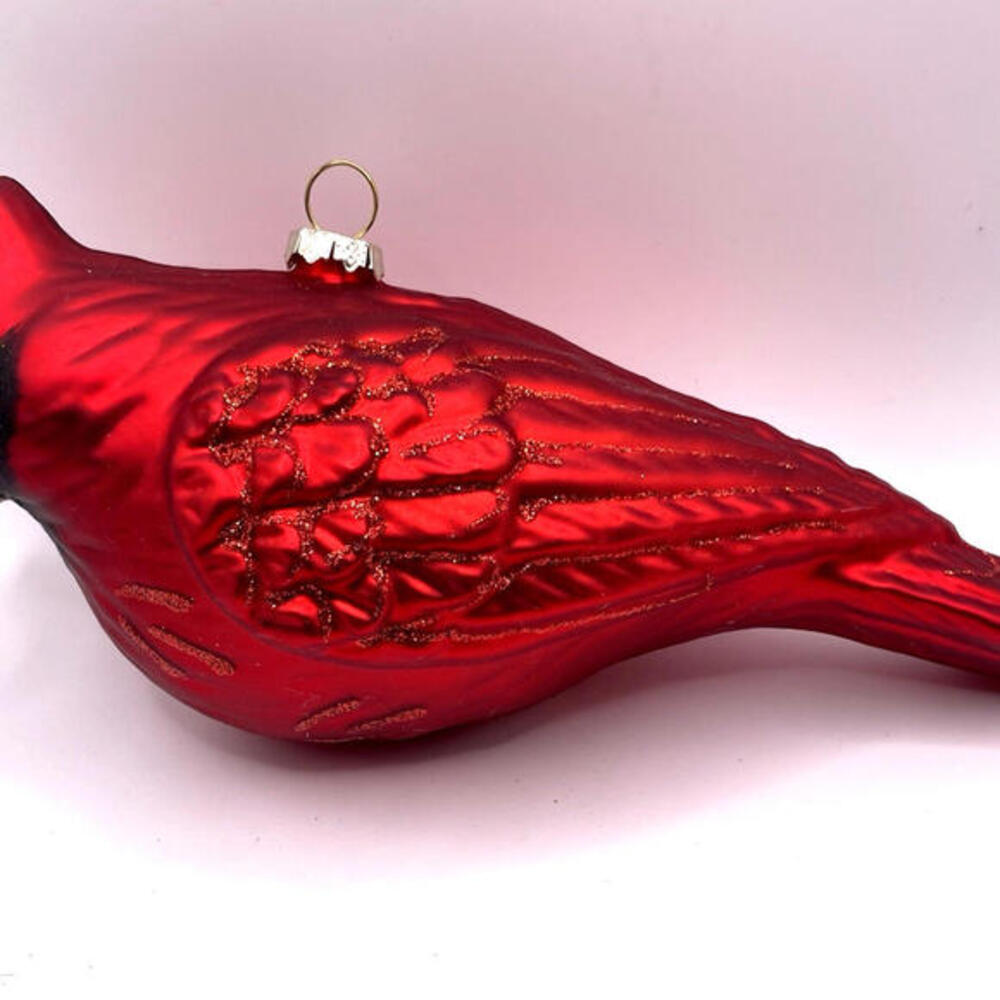 Red Cardinal Large Glass Christmas Ornament Glitter 8" Length